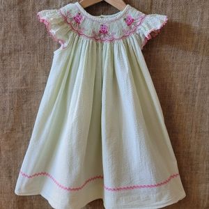Shrimp & Grits Kids Green Seersucker Smocked Octapus Dress 3T